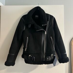 Zara Black Women's Biker Jacket with Sherpa Inside